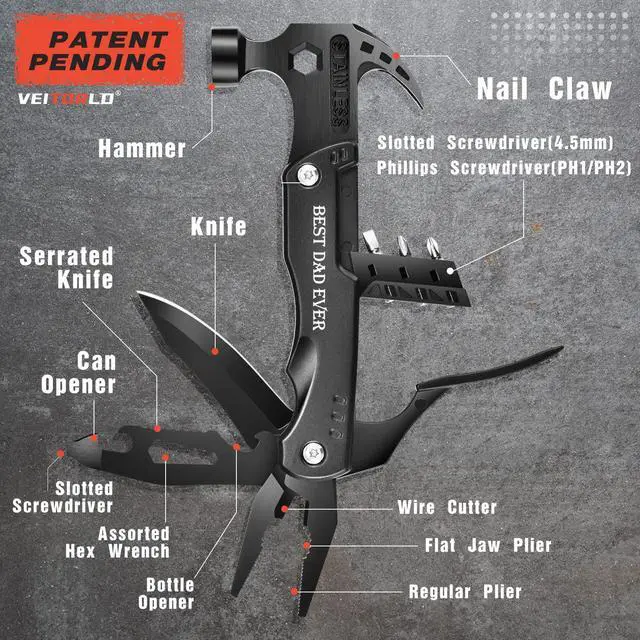 Alt view image 3 of 6 - Gifts for Men Dad, Cool Fathers Day Birthday Gifts Ideas for Men Grandpa Papa from Daughter Wife Son, BEST DAD EVER Gift, All in One Survival Tools Hammer Multitool, Camping Hunting Presents