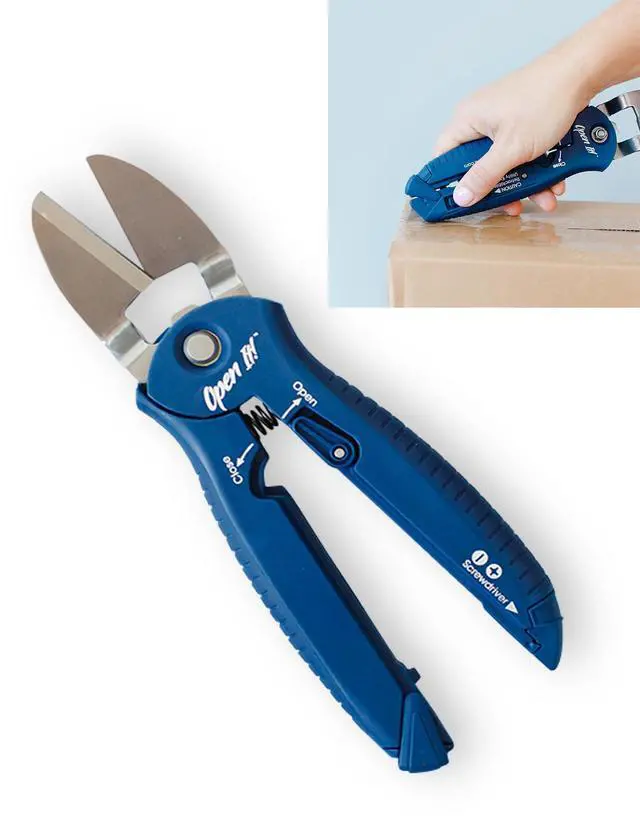Main image of Open It! 4-in-1 Box Cutter & Package Opener Tool Heavy Duty Scissors, Retractable Blade & Screwdriver All-in-One Household Tool for Boxes & Plastic Packaging, Blue