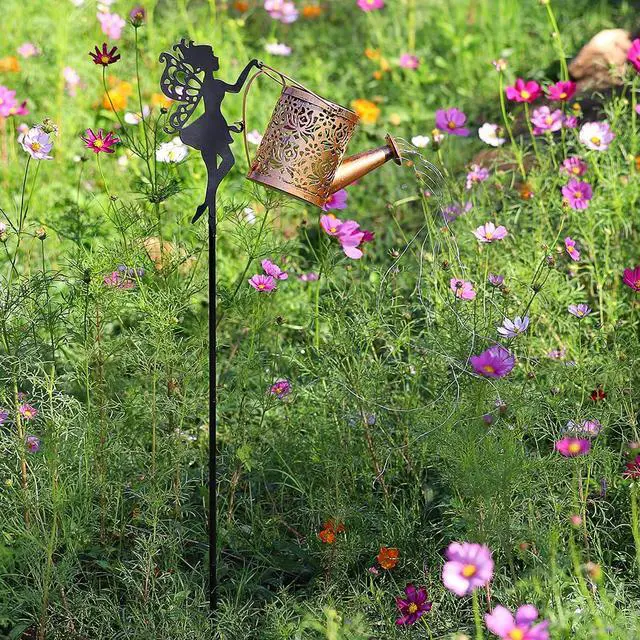 Alt view image 2 of 6 - Solar Powered Fairy Water Kettle Light, Garden Decorative Wrought Iron Retro Cute Elf Floor Light, Wireless Dusk to Dawn LED Lamp Waterproof.