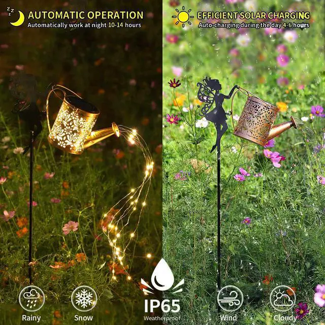 Alt view image 3 of 6 - Solar Powered Fairy Water Kettle Light, Garden Decorative Wrought Iron Retro Cute Elf Floor Light, Wireless Dusk to Dawn LED Lamp Waterproof.