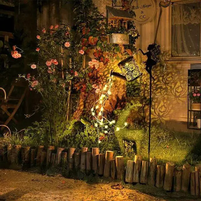 Alt view image 5 of 6 - Solar Powered Fairy Water Kettle Light, Garden Decorative Wrought Iron Retro Cute Elf Floor Light, Wireless Dusk to Dawn LED Lamp Waterproof.