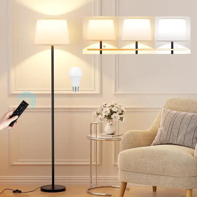 Main image of Modern Floor Lamp with Adjustable Brightness, Remote Control, Black, LED Bulbs, White Shade, Foot Switch, Easy Assembly