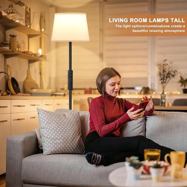 Alt view image 5 of 7 - Modern Floor Lamp with Adjustable Brightness, Remote Control, Black, LED Bulbs, White Shade, Foot Switch, Easy Assembly
