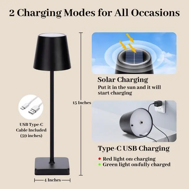 Alt view image 2 of 7 - Cordless Table Lamps,Rechargeable Outdoor Solar LED Lamp,Portable USB Desk Lamp Waterproof,2000mAh Battery Operated,Touch Stepless Dimming Light for Bedroom,Restaurants,Patio,Camping