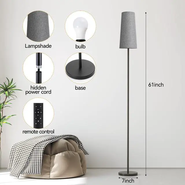 Alt view image 3 of 7 - Floor Lamps for Living Room/Bedroom/Office, Standing Lamp with Remote Control, Dimmable Tall Lamp, Suitable for Modern/Boho/Farmhouse and Other Home Decor Styles, Black+Gray Lampshade