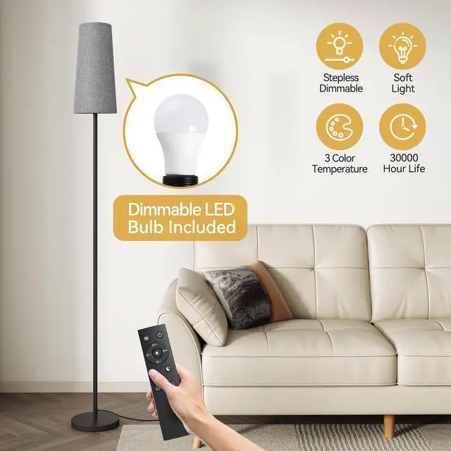 Alt view image 4 of 7 - Floor Lamps for Living Room/Bedroom/Office, Standing Lamp with Remote Control, Dimmable Tall Lamp, Suitable for Modern/Boho/Farmhouse and Other Home Decor Styles, Black+Gray Lampshade