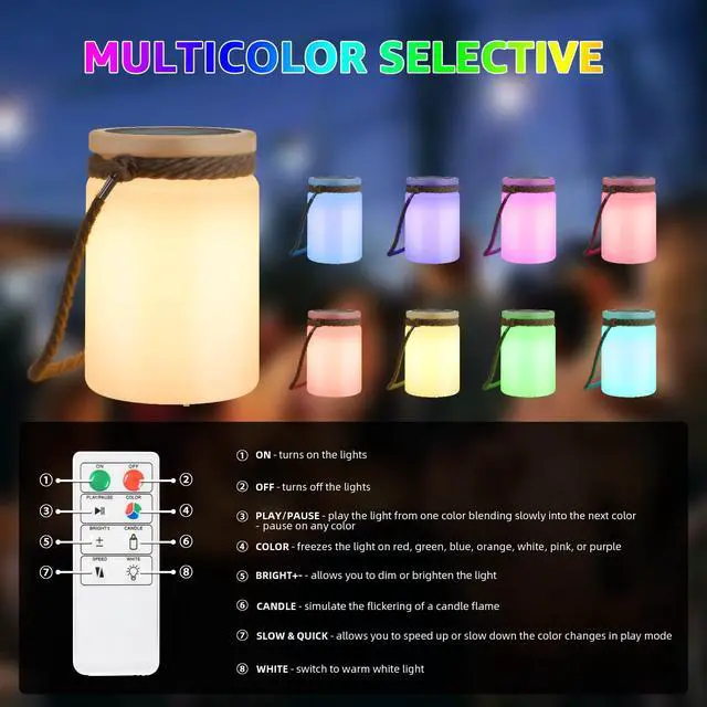 Alt view image 4 of 7 - Solar Table Lamp Lantern Waterproof LED Outdoor Cordless IP44 RGB and Warm White Dimmable for Patio Camping Restaurant Terrace By the Pool
