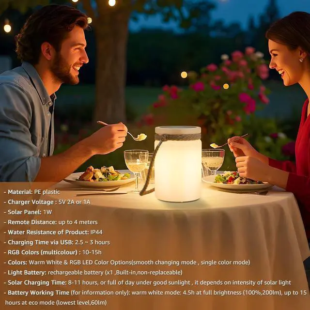 Alt view image 5 of 7 - Solar Table Lamp Lantern Waterproof LED Outdoor Cordless IP44 RGB and Warm White Dimmable for Patio Camping Restaurant Terrace By the Pool
