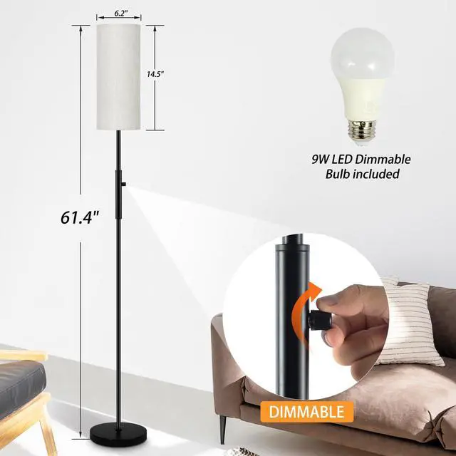 Alt view image 2 of 7 - Floor Lamps for Living Room, Modern Standing Lamp, Minimalist Pole Lamps, Stepless Dimmable 9W Bulb Included, Tall Lamp with Linen Shade, Lamps for Bedroom, Office, Kids Room, Reading Light