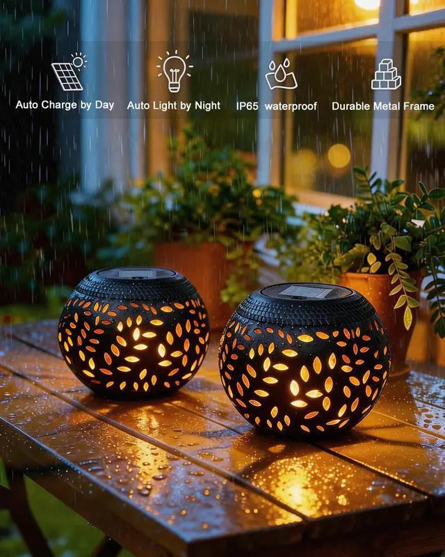 Alt view image 5 of 7 - Solar Table Lights Outdoor Waterproof - Dancing Flickering Flame Lamp Black Metal Tabletop Light Solar Powered Decorative Lighting Lantern for Desk Bedroom Patio Garden Pathway Yard 1 Pack