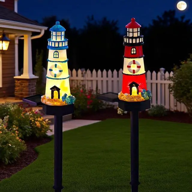 Main image of 2 Packs of Solar Powered red and Blue Lighthouse Floor Lamps, Garden Decorative Resin Cute Lighthouse Lamps,Wireless Dusk to Dawn LED Lights Waterproof.