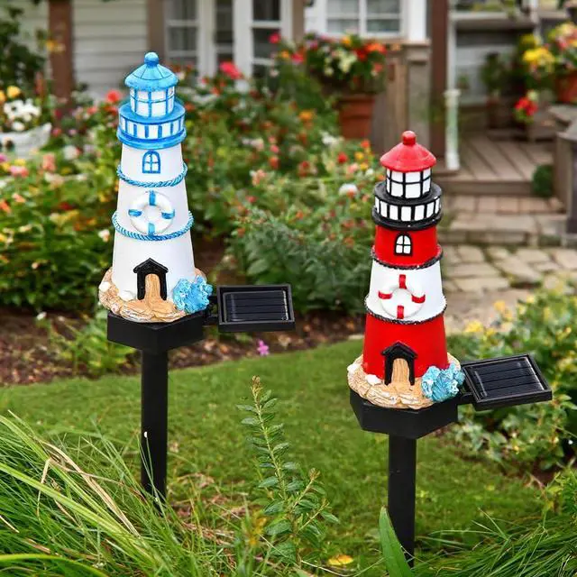 Alt view image 2 of 5 - 2 Packs of Solar Powered red and Blue Lighthouse Floor Lamps, Garden Decorative Resin Cute Lighthouse Lamps,Wireless Dusk to Dawn LED Lights Waterproof.