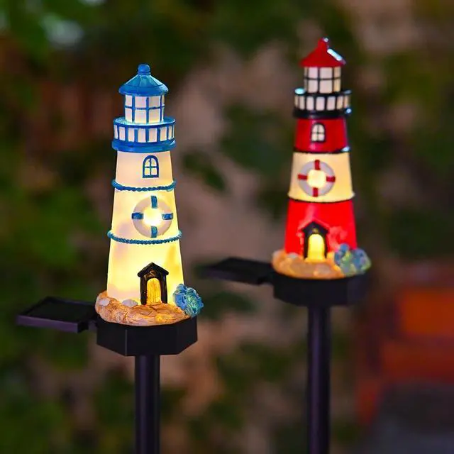 Alt view image 3 of 5 - 2 Packs of Solar Powered red and Blue Lighthouse Floor Lamps, Garden Decorative Resin Cute Lighthouse Lamps,Wireless Dusk to Dawn LED Lights Waterproof.