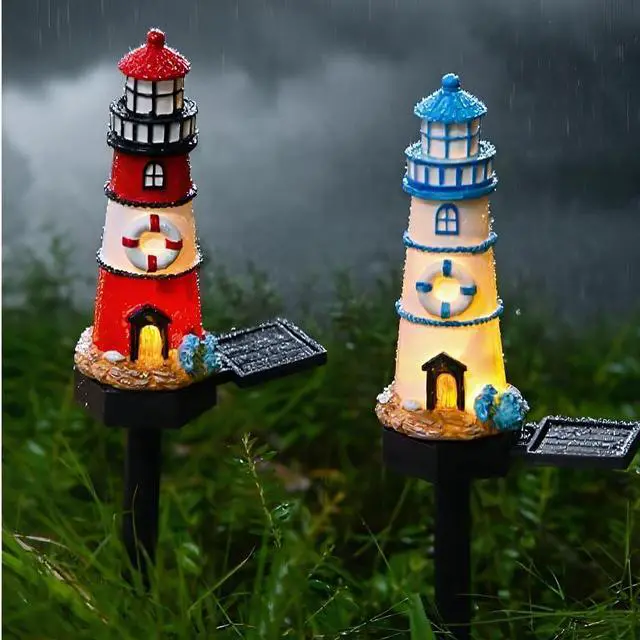 Alt view image 4 of 5 - 2 Packs of Solar Powered red and Blue Lighthouse Floor Lamps, Garden Decorative Resin Cute Lighthouse Lamps,Wireless Dusk to Dawn LED Lights Waterproof.