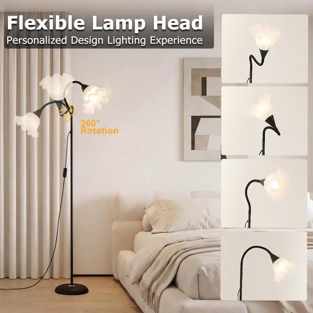 Alt view image 2 of 7 - Flower Standing Floor Lamp Adjustable Height Flexible Bendable Floor Lamp Whimsical Cute Floral Floor Reading Lamp Short Black Floor Lamp Corner Lamp for Living Room Bedroom Office (Black-1)
