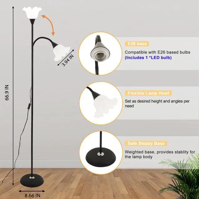 Alt view image 5 of 7 - Flower Standing Floor Lamp Adjustable Height Flexible Bendable Floor Lamp Whimsical Cute Floral Floor Reading Lamp Short Black Floor Lamp Corner Lamp for Living Room Bedroom Office (Black-1)
