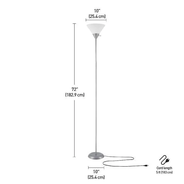 Alt view image 7 of 7 - 677150 Elliott 72" Floor Lamp, Silver, White Plastic Shade, On/Off Rotary Switch on Shade, Standing, Living Room Decor, Bedroom, Tall, Corner Light