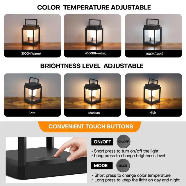 Alt view image 3 of 7 - Outdoor Table Lamp Touch Control, Waterproof Solar Powered LED Table Lantern 3000K 4500K 7000K Color Temperature Adjustable & 3 Brightness Levels, Rechargeable Table Light for Outside Porch Patio