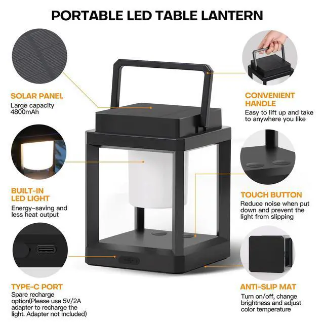 Alt view image 4 of 7 - Outdoor Table Lamp Touch Control, Waterproof Solar Powered LED Table Lantern 3000K 4500K 7000K Color Temperature Adjustable & 3 Brightness Levels, Rechargeable Table Light for Outside Porch Patio