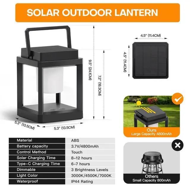 Alt view image 6 of 7 - Outdoor Table Lamp Touch Control, Waterproof Solar Powered LED Table Lantern 3000K 4500K 7000K Color Temperature Adjustable & 3 Brightness Levels, Rechargeable Table Light for Outside Porch Patio