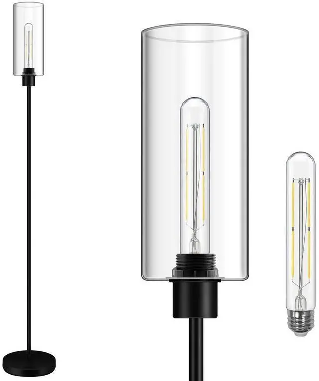 Main image of Floor Lamp With Glass Lampshade, 4W Bulb Included - Modern Standing Pole Lamp for Living Room, Bedroom, Office, Kids Room, Reading