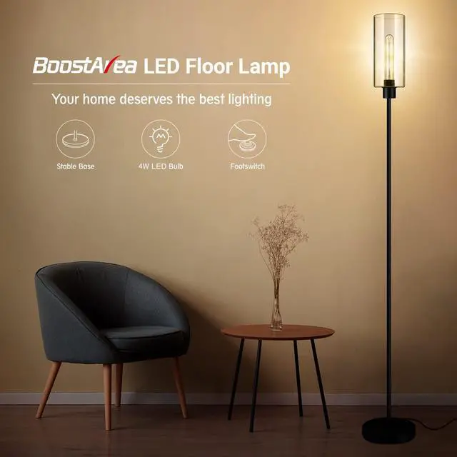 Alt view image 2 of 7 - Floor Lamp With Glass Lampshade, 4W Bulb Included - Modern Standing Pole Lamp for Living Room, Bedroom, Office, Kids Room, Reading