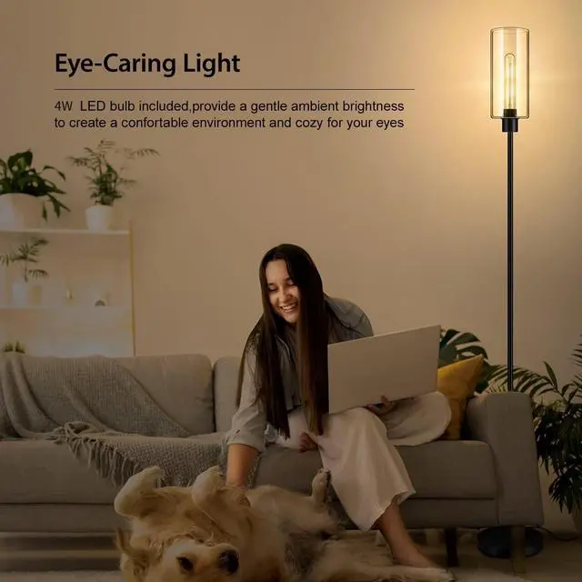 Alt view image 7 of 7 - Floor Lamp With Glass Lampshade, 4W Bulb Included - Modern Standing Pole Lamp for Living Room, Bedroom, Office, Kids Room, Reading
