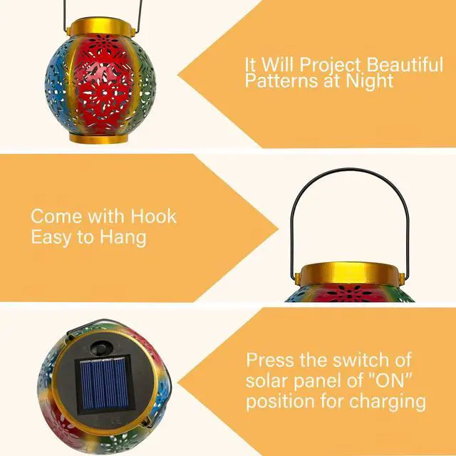 Alt view image 3 of 5 - 9.4 Inch Flowers Solar Big Lantern Hanging Lights, Metal Solar Table Lamp Lantern Lights for Outdoor, LED Solar Powered Coppery Lanterns for Garden, Patio, Courtyard, Lawn and Tabletop (Multicolor)