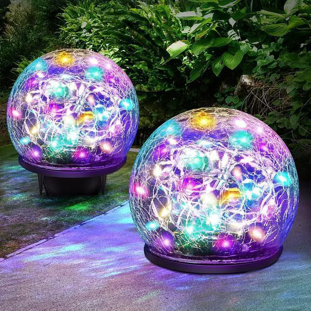 Main image of 2 Pack 60 LED Garden Solar Lights Outdoor Decorative, Colored Cracked Glass Solar Globe Lights, Upgraded Waterproof Multicolor Ball Lights for Yard Pathway Patio Lawn Outside Decor