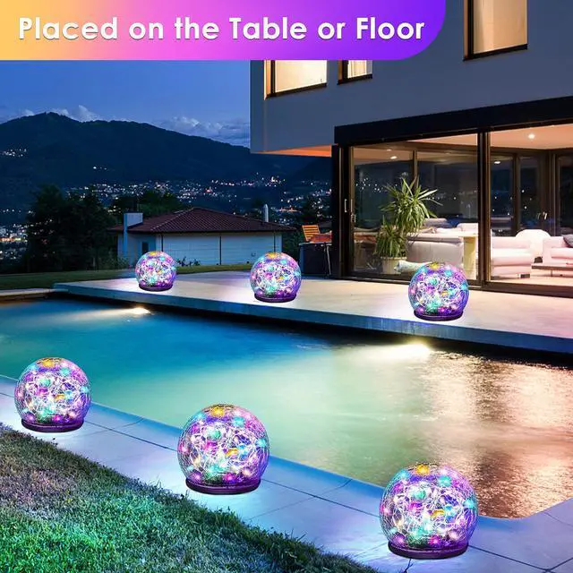 Alt view image 2 of 7 - 2 Pack 60 LED Garden Solar Lights Outdoor Decorative, Colored Cracked Glass Solar Globe Lights, Upgraded Waterproof Multicolor Ball Lights for Yard Pathway Patio Lawn Outside Decor