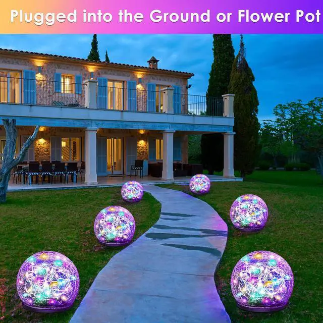 Alt view image 3 of 7 - 2 Pack 60 LED Garden Solar Lights Outdoor Decorative, Colored Cracked Glass Solar Globe Lights, Upgraded Waterproof Multicolor Ball Lights for Yard Pathway Patio Lawn Outside Decor