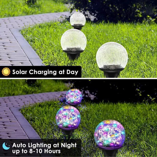 Alt view image 4 of 7 - 2 Pack 60 LED Garden Solar Lights Outdoor Decorative, Colored Cracked Glass Solar Globe Lights, Upgraded Waterproof Multicolor Ball Lights for Yard Pathway Patio Lawn Outside Decor