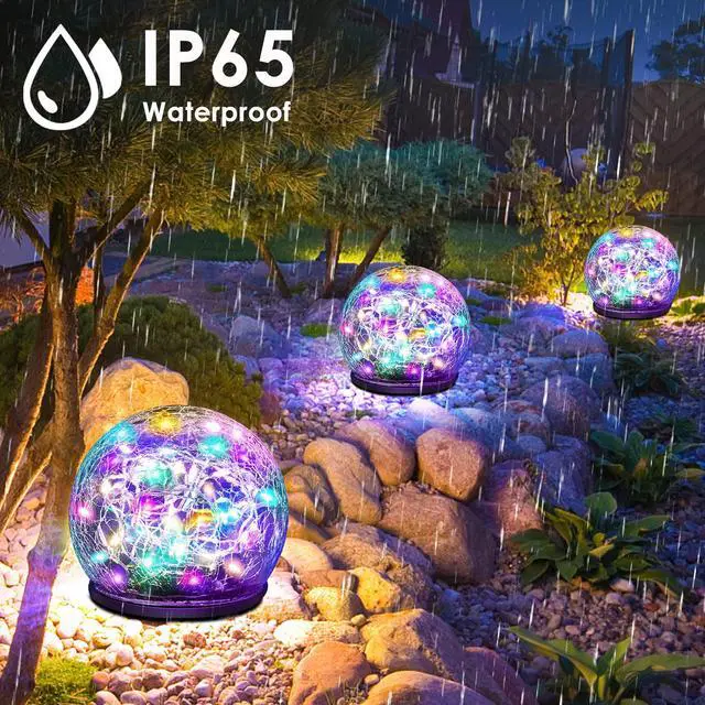 Alt view image 5 of 7 - 2 Pack 60 LED Garden Solar Lights Outdoor Decorative, Colored Cracked Glass Solar Globe Lights, Upgraded Waterproof Multicolor Ball Lights for Yard Pathway Patio Lawn Outside Decor