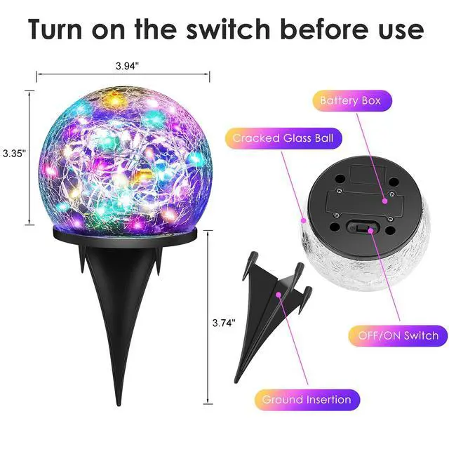 Alt view image 6 of 7 - 2 Pack 60 LED Garden Solar Lights Outdoor Decorative, Colored Cracked Glass Solar Globe Lights, Upgraded Waterproof Multicolor Ball Lights for Yard Pathway Patio Lawn Outside Decor