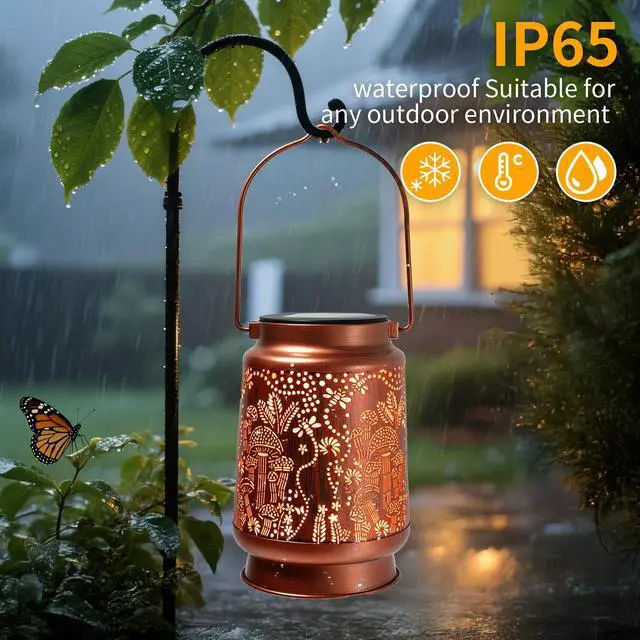 Alt view image 2 of 7 - Outdoor Solar Lanterns Waterproof - Metal Hanging Solar Lights Outdoor Decorative, Solar Powered LED Lantern Lamp for Patio Yard Garden Decor for Outside (1 Pack, Mushroom Shape)