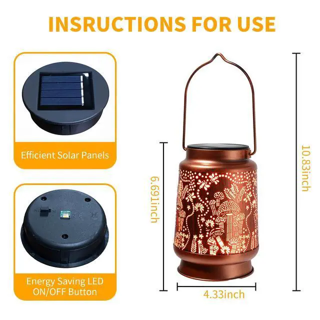 Alt view image 3 of 7 - Outdoor Solar Lanterns Waterproof - Metal Hanging Solar Lights Outdoor Decorative, Solar Powered LED Lantern Lamp for Patio Yard Garden Decor for Outside (1 Pack, Mushroom Shape)