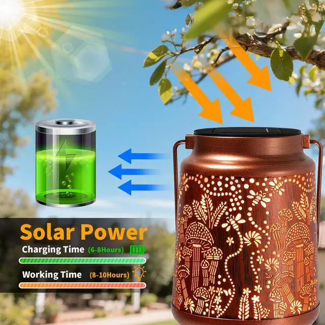 Alt view image 4 of 7 - Outdoor Solar Lanterns Waterproof - Metal Hanging Solar Lights Outdoor Decorative, Solar Powered LED Lantern Lamp for Patio Yard Garden Decor for Outside (1 Pack, Mushroom Shape)
