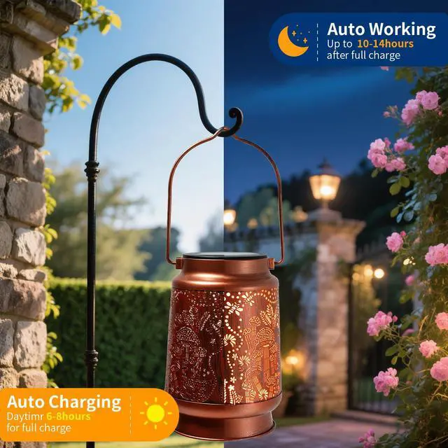 Alt view image 6 of 7 - Outdoor Solar Lanterns Waterproof - Metal Hanging Solar Lights Outdoor Decorative, Solar Powered LED Lantern Lamp for Patio Yard Garden Decor for Outside (1 Pack, Mushroom Shape)