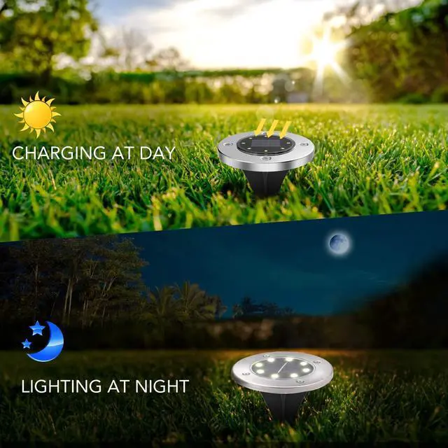 Alt view image 4 of 7 - Solar Ground Lights, LED Garden Disk Lights In-Ground Outdoor Landscape Lighting for Lawn Patio Pathway Yard Deck Walkway (White,4 Packs)