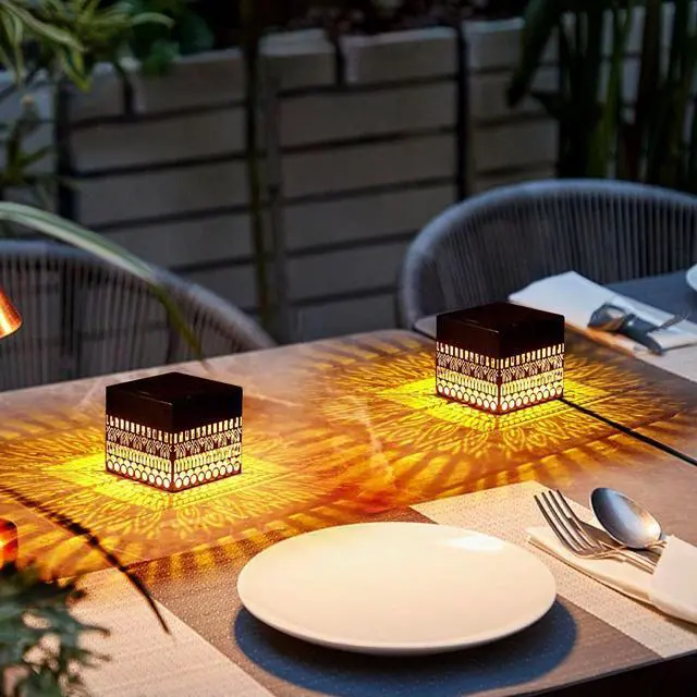Alt view image 3 of 7 - Retro Solar Table Lantern Outdoor Waterproof, Solar Projection Desk Lamp for Courtyard Metal Tabletop Light Desktop Decorative Lamp-Atmosphere Landscape Garden Light(Colorful)