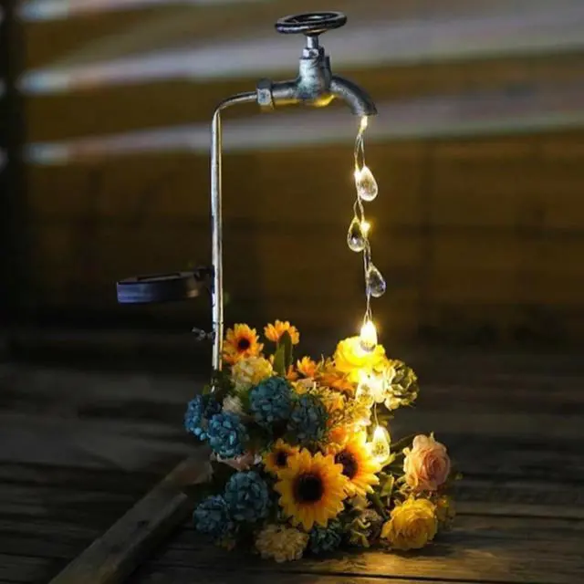 Main image of Solar Powered Faucet Water Droplets Light, Garden Decoration Wrought Iron Retro Cute faucets Water Droplet Floor Light, Wireless Dusk to Dawn LED Light Waterproof.