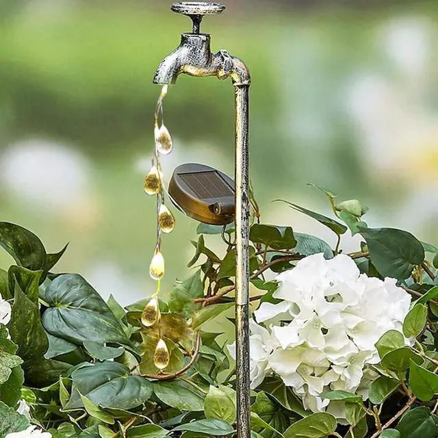Alt view image 2 of 3 - Solar Powered Faucet Water Droplets Light, Garden Decoration Wrought Iron Retro Cute faucets Water Droplet Floor Light, Wireless Dusk to Dawn LED Light Waterproof.