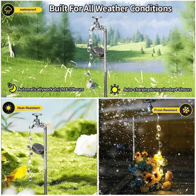 Alt view image 3 of 3 - Solar Powered Faucet Water Droplets Light, Garden Decoration Wrought Iron Retro Cute faucets Water Droplet Floor Light, Wireless Dusk to Dawn LED Light Waterproof.