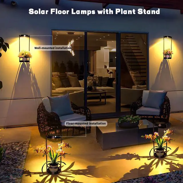 Alt view image 2 of 7 - Solar Floor Lamps with Plant Stand, 3 Color Temperatures Solar Outdoor Lights, Metal Hanging Plant Holder Outdoor Wall Sconce for Garden Yard Patio Balcony (Black)
