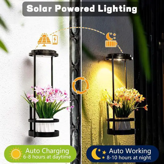 Alt view image 4 of 7 - Solar Floor Lamps with Plant Stand, 3 Color Temperatures Solar Outdoor Lights, Metal Hanging Plant Holder Outdoor Wall Sconce for Garden Yard Patio Balcony (Black)