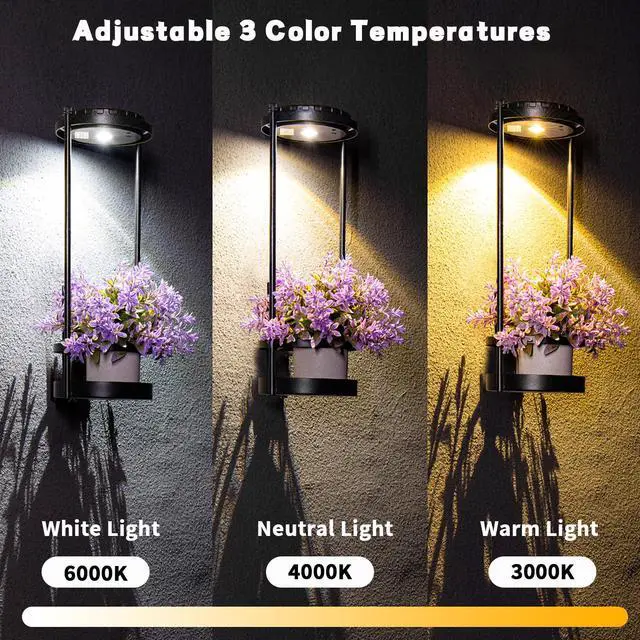 Alt view image 3 of 7 - Solar Floor Lamps with Plant Stand, 3 Color Temperatures Solar Outdoor Lights, Metal Hanging Plant Holder Outdoor Wall Sconce for Garden Yard Patio Balcony (Black)