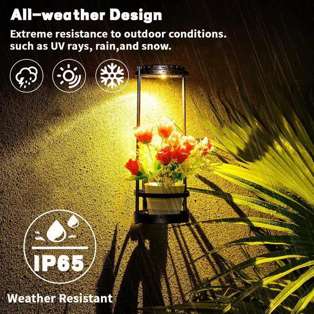 Alt view image 5 of 7 - Solar Floor Lamps with Plant Stand, 3 Color Temperatures Solar Outdoor Lights, Metal Hanging Plant Holder Outdoor Wall Sconce for Garden Yard Patio Balcony (Black)
