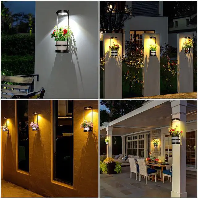 Alt view image 6 of 7 - Solar Floor Lamps with Plant Stand, 3 Color Temperatures Solar Outdoor Lights, Metal Hanging Plant Holder Outdoor Wall Sconce for Garden Yard Patio Balcony (Black)