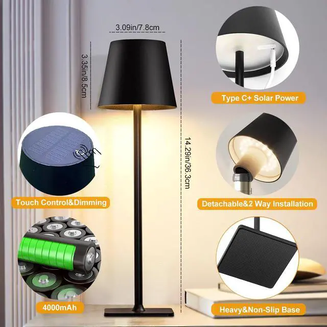 Alt view image 7 of 7 - Cordless Table Lamps, Outdoor Solar LED Lamp, 4000mAh Rechargeable Bottle Lamp, Touch RGB Color Stepless Dimming Light for Bedroom, Restaurants, Patio, Camping,Bar Black