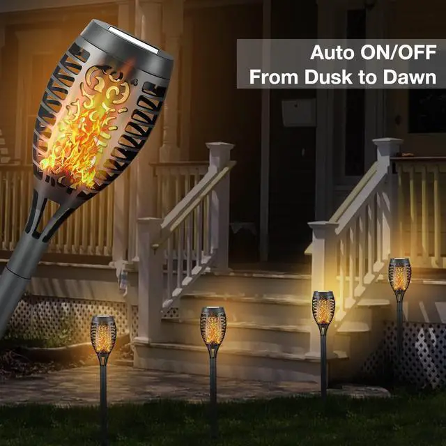 Alt view image 3 of 6 - 4 Pack Led Solar Torch Light with Flickering Flame Outdoor Waterproof Halloween Decorations, Solar Torches Stake Lights, Auto On/Off Garden Lights Christmas Decorations